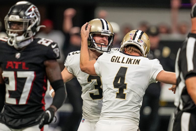 Sep 11, 2022; Atlanta, Georgia, USA; New Orleans Saints place kicker Wil Lutz (3) reacts with punter Blake Gillikin (4) after he kicked the go ahead field goal against the Atlanta Falcons during the second half at Mercedes-Benz Stadium.