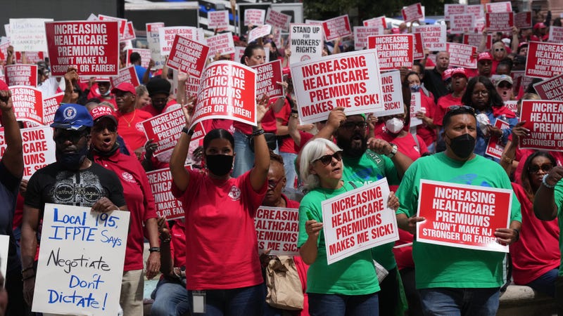 New Jersey public employees protesting a raise in the costs of their health care benefits outside the statehouse annex in Trenton, New Jersey on Sept. 13, 2022.