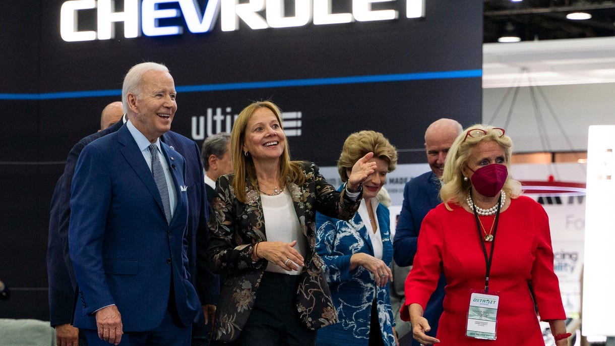 Biden says 'American manufacturing is roaring back' as he checks out EVs at Detroit Auto Show