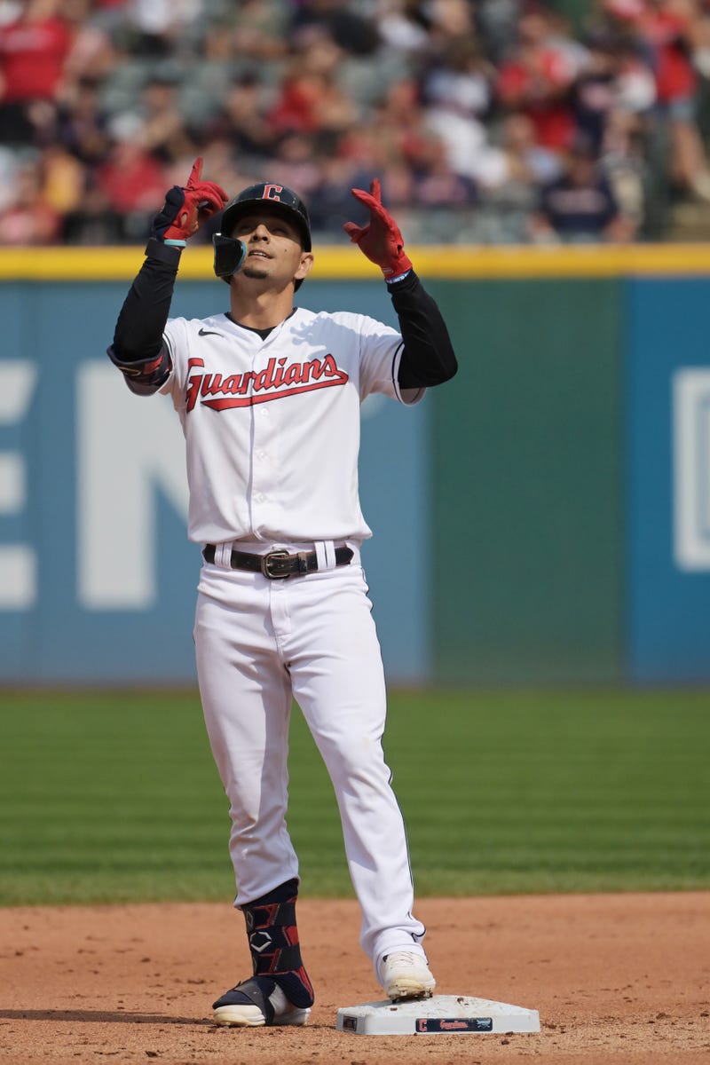 Sep 17, 2022; Cleveland, Ohio, USA; Cleveland Guardians second baseman Andres Gimenez (0) celebrates after hitting a double during the fourth inning against the Minnesota Twins at Progressive Field.