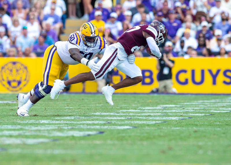 Emory Jones makes a tackle as the LSU Tigers take on the Mississippi State Bulldogs at Tiger Stadium
