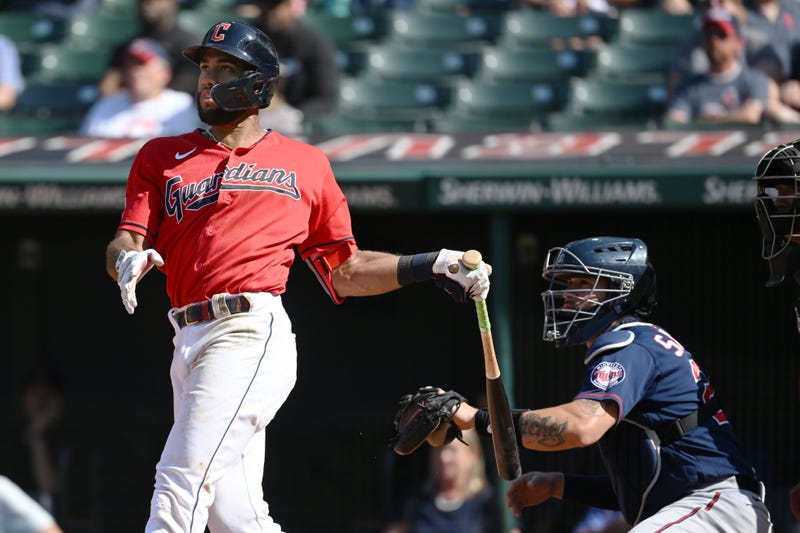 Cleveland Guardians shortstop Amed Rosario (1) hits a home run during the sixth inning against the Minnesota Twins at Progressive Field. 