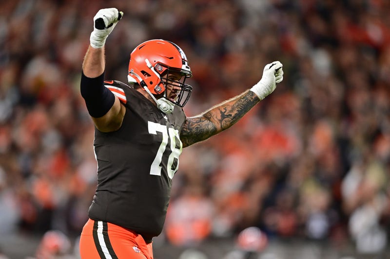 Sep 22, 2022; Cleveland, Ohio, USA; Cleveland Browns offensive tackle Jack Conklin (78) celebrates after a touchdown by wide receiver Amari Cooper (not pictured) during the first quarter against the Pittsburgh Steelers at FirstEnergy Stadium.
