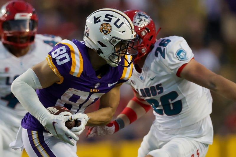 LSU wide receiver Jack Bech (80) returns a kick against the New Mexico Lobos during the 2022 season.