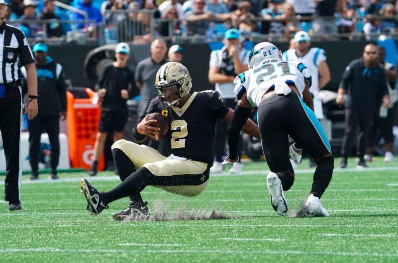 Saints quarterback Jameis Winston is sacked against the Carolina Panthers