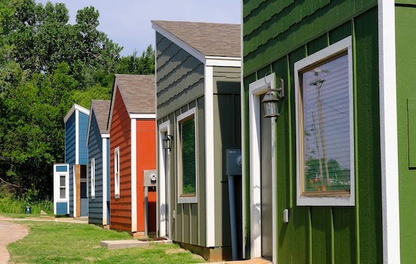 Row of colorful tiny homes
