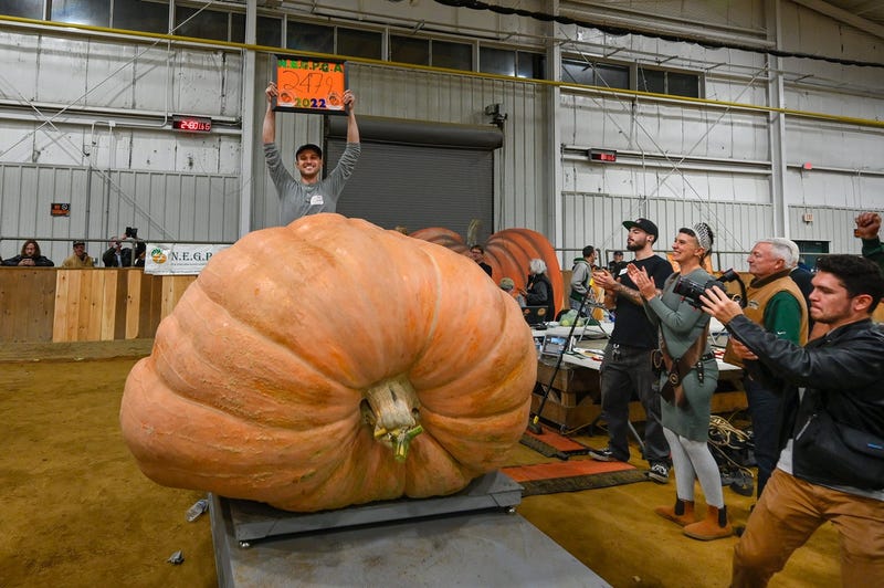 Jamie Graham, of Tyngsboro, holds up his arms in celebration after his pumpkin weighing 2,480 pounds wins the All New England Giant Pumpkin Weigh-Off at the Topsfield Fair on Friday, Sept. 30, 2022.