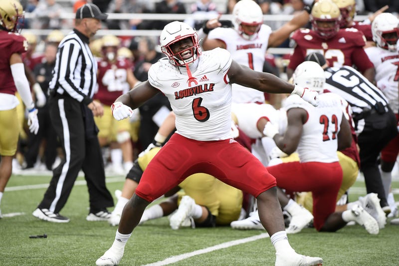 Louisville Cardinals defensive lineman YaYa Diaby (6) reacts after a play during the first half against the Boston College Eagles at Alumni Stadium.