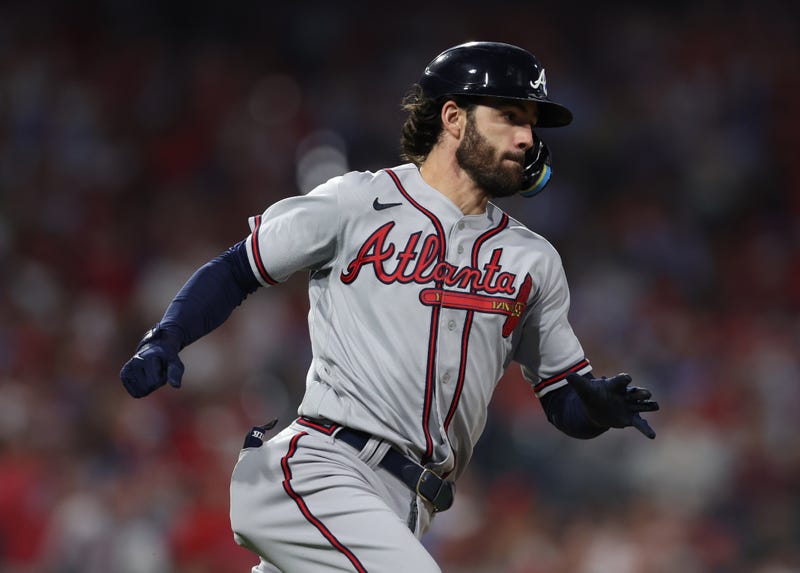 Oct 14, 2022; Philadelphia, Pennsylvania, USA; Atlanta Braves shortstop Dansby Swanson hits a double against the Philadelphia Phillies during the 6th inning in game three of the NLDS for the 2022 MLB Playoffs at Citizens Bank Park. 
