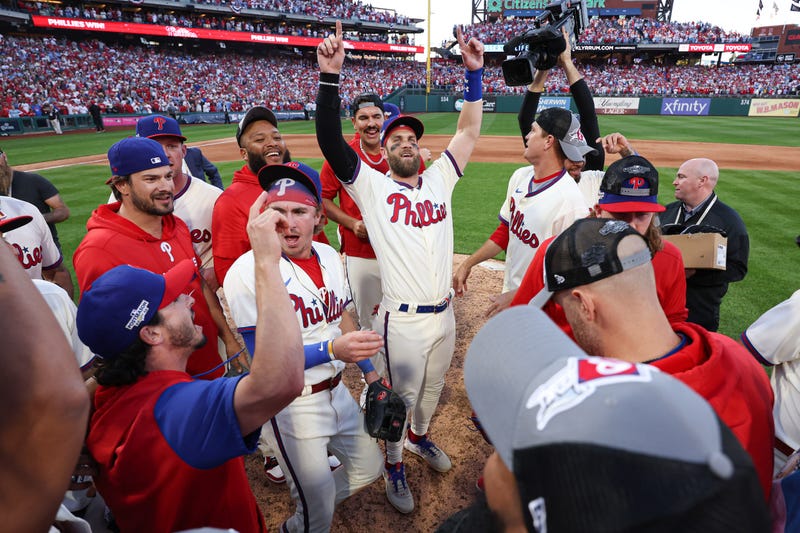 Philadelphia Phillies right-fielder Bryce Harper celebrates with his team at Citizens Bank Park after winning Game 4 of the National League Division Series against the Atlanta Braves for the 2022 MLB Playoffs.