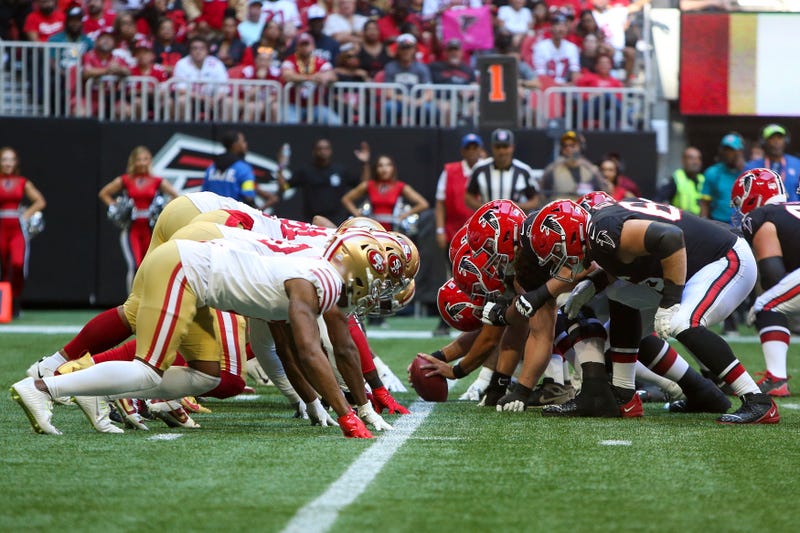 Oct 16, 2022; Atlanta, Georgia, USA; A detailed view of the line of scrimmage during a game between the San Francisco 49ers and Atlanta Falcons in the first half at Mercedes-Benz Stadium. Mandatory Credit: Brett Davis-USA TODAY Sports