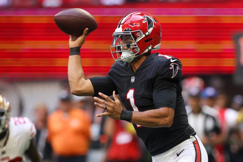 Oct 16, 2022; Atlanta, Georgia, USA; Atlanta Falcons quarterback Marcus Mariota (1) throws a pass against the San Francisco 49ers in the second half at Mercedes-Benz Stadium.