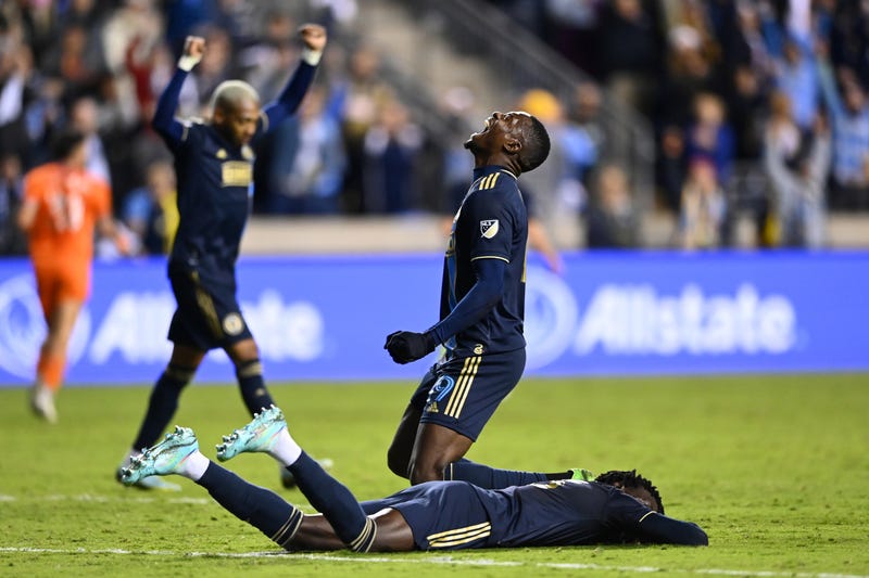 Philadelphia Union forward Cory Burke (19) and Philadelphia Union defender Olivier Mbaizo (15) react to their win over FC Cincinnati at Subaru Park on Oct. 20, 2022. 