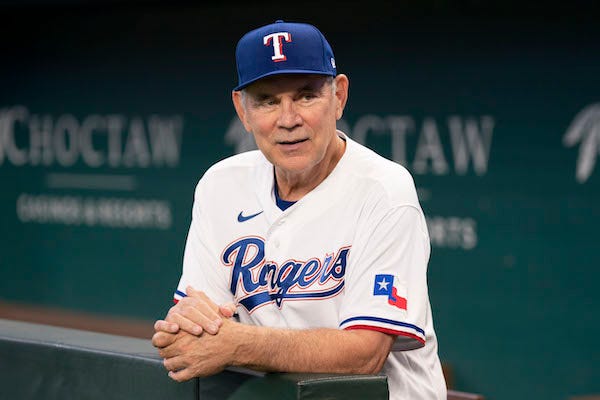 Texas Rangers manager Bruce Bochy poses for a photo following a news conference at Globe Life Field