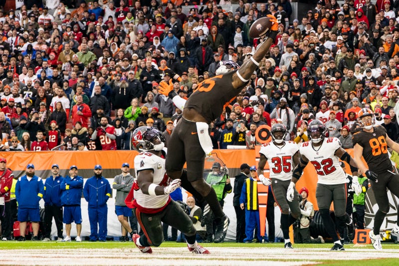 Cleveland Browns tight end David Njoku (85) makes a touchdown reception in the end zone under coverage by Tampa Bay Buccaneers linebacker Devin White (45) during the fourth quarter at FirstEnergy Stadium. 