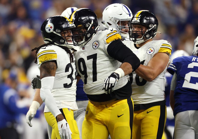 Pittsburgh Steelers strong safety Terrell Edmunds (34) is congratulated by nose tackle Cameron Heyward (97) after a sack against the Indianapolis Colts during the first half at Lucas Oil Stadium.
