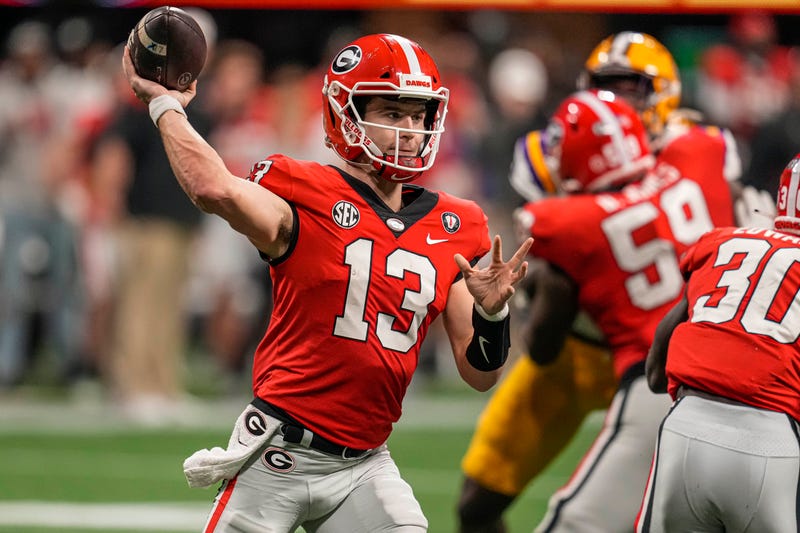 Dec 3, 2022; Atlanta, GA, USA; Georgia Bulldogs quarterback Stetson Bennett (13) passes against the LSU Tigers at Mercedes-Benz Stadium. Mandatory Credit: Dale Zanine-USA TODAY Sports