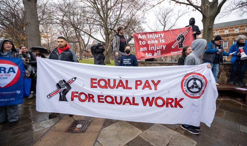 Hundreds of faculty and students gathered at Voorhees Mall on the Rutgers University campus in New Brunswick to protest the lack of progress on contract talks with most of the Rutgers unions.