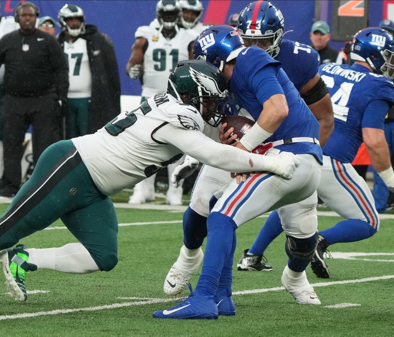 Philadelphia Eagles defensive end Brandon Graham (55) sacks New York Giants quarterback Daniel Jones (8) during the second half at MetLife Stadium on Dec 11, 2022, East Rutherford, New Jersey.