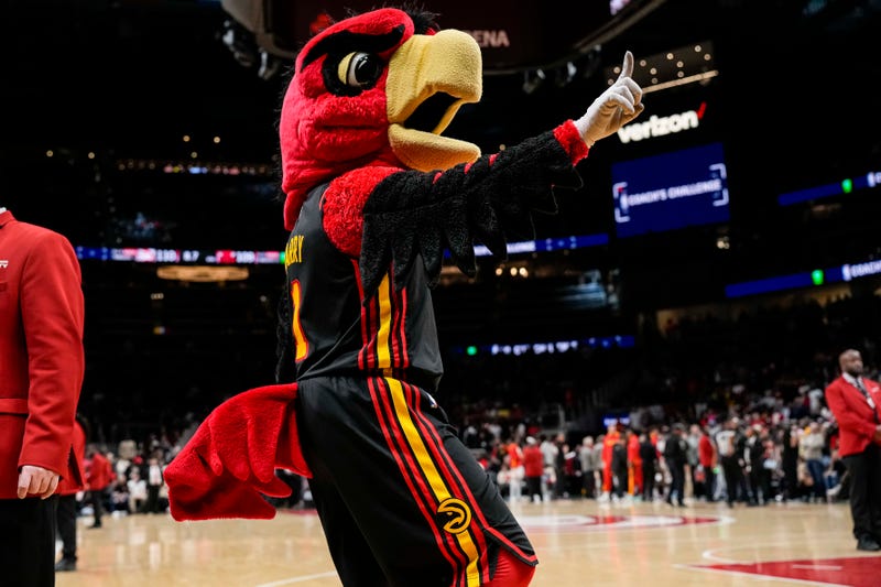 Atlanta Hawks mascot Harry the Hawk reacts to fans during a timeout against the Chicago Bulls during the second half at State Farm Arena.