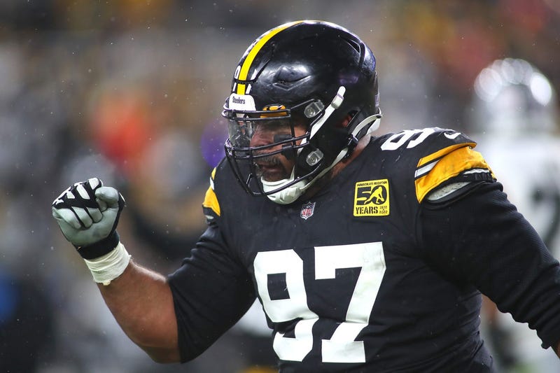 Pittsburgh Steelers defensive tackle Cameron Heyward (97) reacts after sacking Las Vegas Raiders quarterback Derek Carr