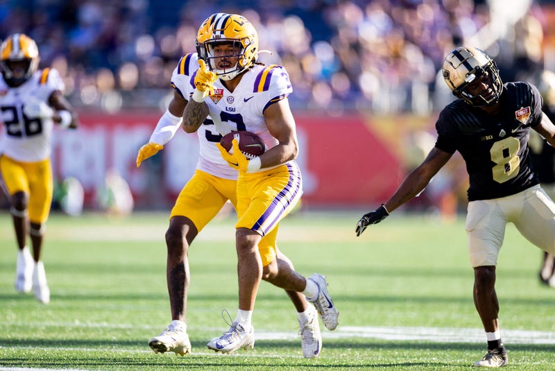 Jan 2, 2023; Orlando, FL, USA; LSU Tigers safety Greg Brooks Jr. (3) gestures after an interception during the second half against the Purdue Boilermakers at Camping World Stadium. 