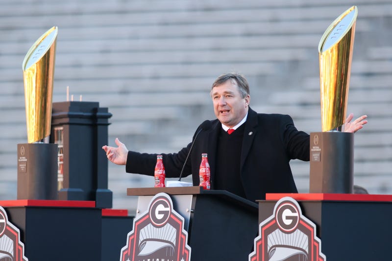Jan 14, 2023; Athens, GA, USA; Georgia Bulldogs head coach Kirby Smart speaks at the national championship celebration at Sanford Stadium. Mandatory Credit: Brett Davis-USA TODAY Sports