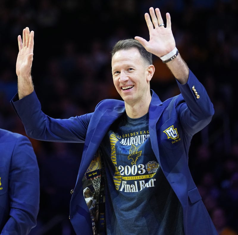 Former Marquette basketball player Steve Novak acknowledges the crowd during a halftime ceremony at the Marquette-Providence game Wednesday, January 18, 2023 at Fiserv Forum in Milwaukee, Wis. Marquette beat Providence 83-75. The school was honoring members of the 2003 NCAA Division I men s basketball semifinalist team. Mumen18 29