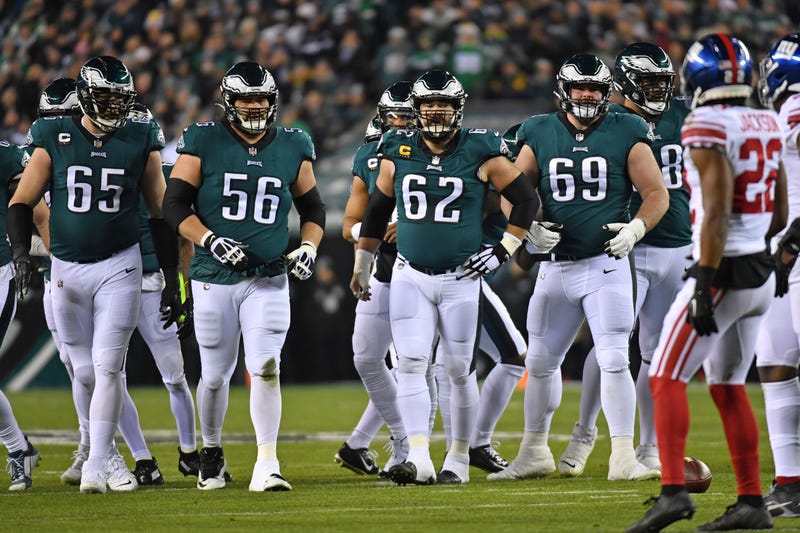 Philadelphia Eagles offensive tackle Lane Johnson (65), guard Isaac Seumalo (56), center Jason Kelce (62) and center Landon Dickerson (69)