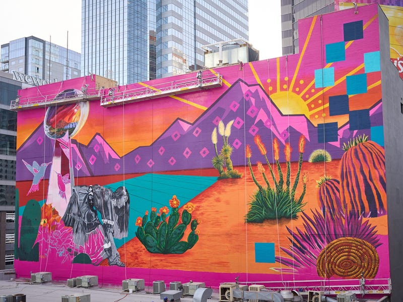 Lucinda \"La Morena\" Hinojos Super Bowl LVII mural is seen on the side of a building on the corner of First and Washington streets in Phoenix on Feb. 3, 2023. La Morena Mural