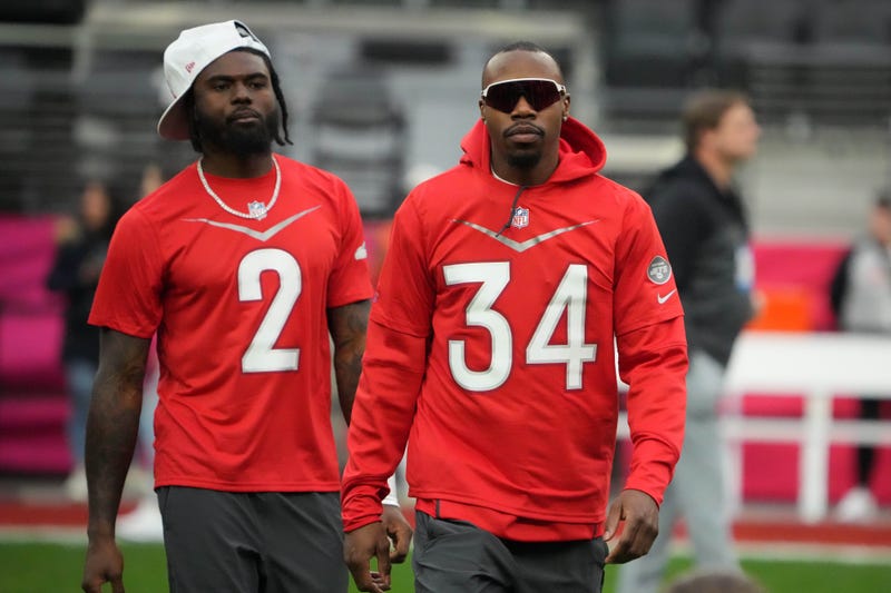 Quarterback Tyler Huntley (2) and CB/special teamer Justin Hardee (34) during Pro Bowl Games practice at Allegiant Stadium in 2023.