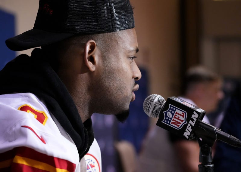 Kansas City Chiefs wide receiver JuJu Smith-Schuster (9) answers questions from the media