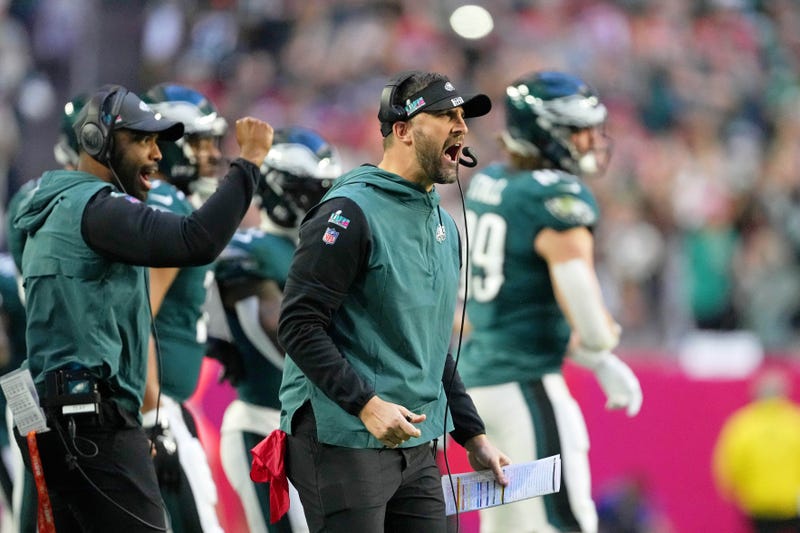 Feb 12, 2023; Glendale, Arizona, US; Philadelphia Eagles head coach Nick Sirianni reacts after a play against the Kansas City Chiefs during the first quarter of Super Bowl LVII at State Farm Stadium.
