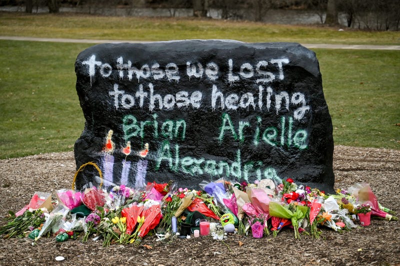 The Rock at Michigan State was repainted with the message, \"To those we lost, to those healing, Brian, Arielle, Alexandria,\" on the morning of Wednesday, Feb. 15, 2023, on the MSU campus in East Lansing. Students painted over a message overnight that read, \"Allow us to defend ourselves, carry on campus.\" 
