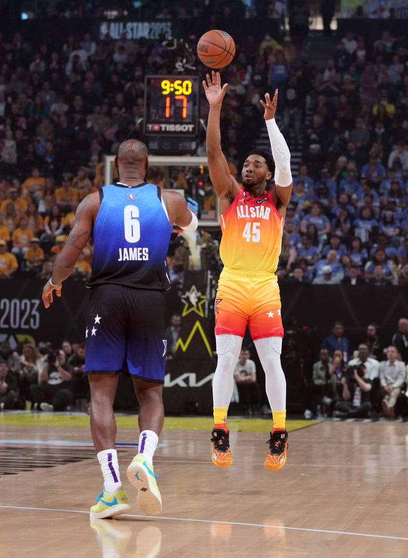 Feb 19, 2023; Salt Lake City, UT, USA; Team Giannis guard Donovan Mitchell (45) shoots against Team LeBron forward LeBron James (6) in the 2023 NBA All-Star Game at Vivint Arena