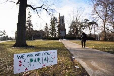 The campus of Michigan State University, Monday, Feb. 20, 2023, where classes resumed after a six-day hiatus following the shooting rampage last Monday that killed three students and critically wounded five.