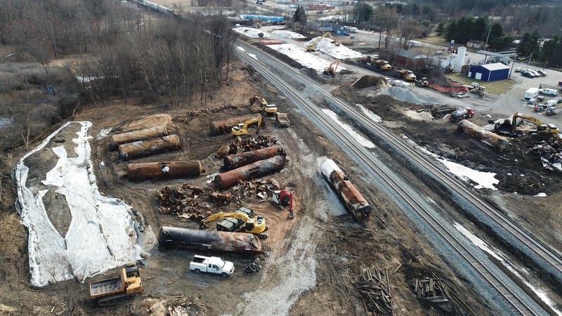 Feb. 25, 2023, crews work at the site of the East Palestine, Ohio Norfolk Southern train derailment that released hazardous chemicals into the town's ground and water.