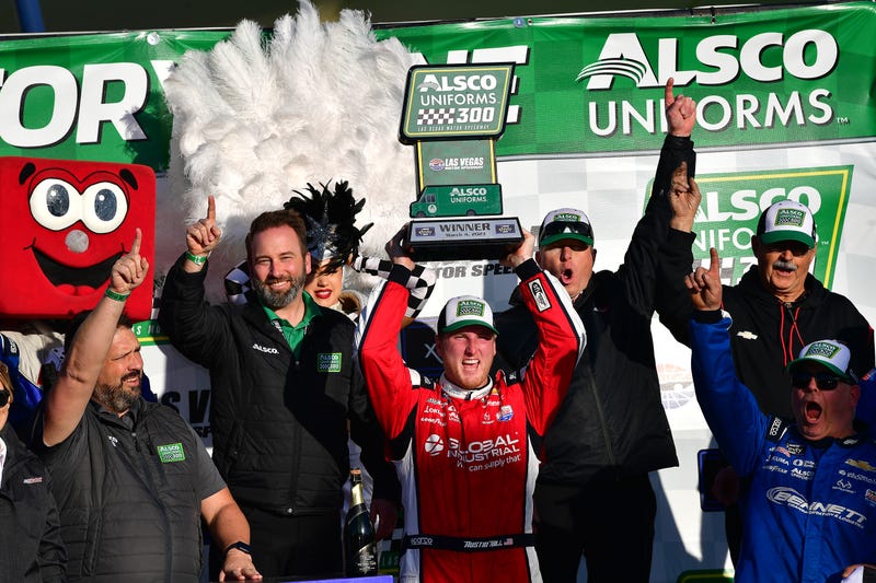 NASCAR Xfinity Series driver Austin Hill (21) celebrates his victory of the Xfinity Series Alsco Uniforms 300 at Las Vegas Motor Speedway.