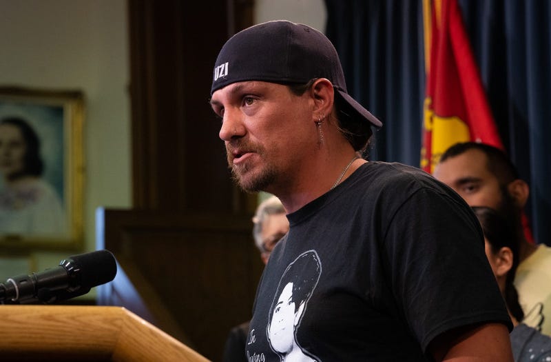 Brett Cross speaks at a press conference to announce the introduction of Senate Bill 1738 at the Texas State Capitol, March 7, 2023. The bill, one of several Uvalde-shooting related bills, calls for the automatic suspension of law enforcement involved in the shooting of a child.