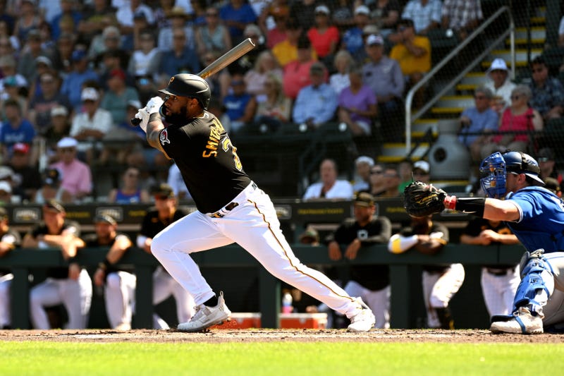 ; Pittsburgh Pirates right fielder Canaan Smith-Njigba (28) bats in the second inning of a spring training game against the Toronto Blue Jays