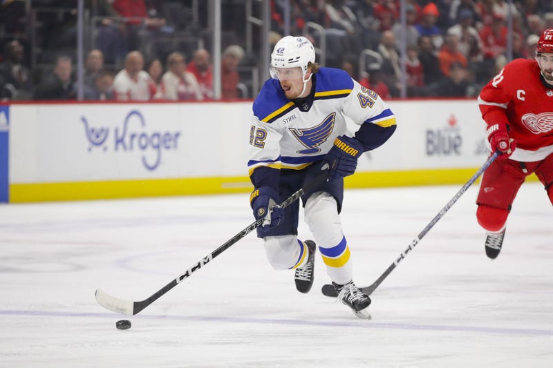 St. Louis Blues right wing Kasperi Kapanen (42) handles the puck during the first period against the Detroit Red Wings 