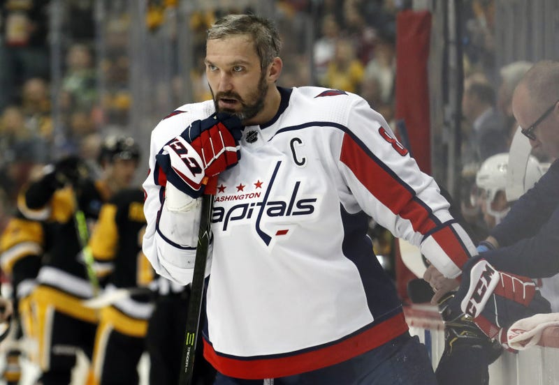 Washington Capitals left wing Alex Ovechkin (8) looks on during a time-out against the Pittsburgh Penguins