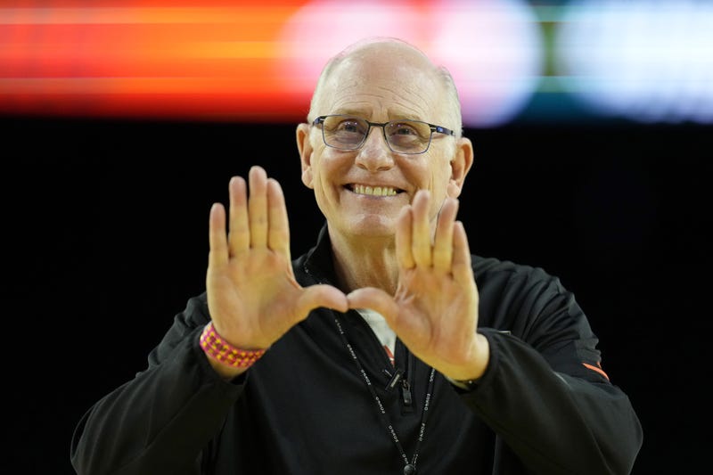 Miami (Fl) Hurricanes head coach Jim Larranaga gestures during a practice session the day before the Final Four of the 2023 NCAA Tournament at NRG Stadium.