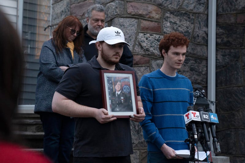 Aidan Solinas reads a statement about his brother David in front of his family's home in Oradell on Friday, March 31, 2023. Sgt. David Solinas Jr., 23, was killed during a medi-vac training mission near a base in Kentucky according to Aidan.