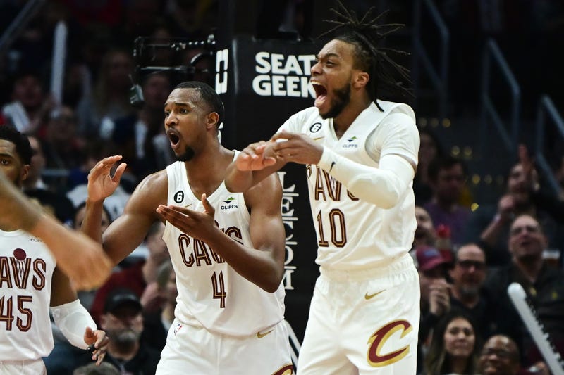 Cleveland Cavaliers forward Evan Mobley (4) and guard Darius Garland (10) react after a foul call on Mobley during the second half against the New York Knicks at Rocket Mortgage FieldHouse. 