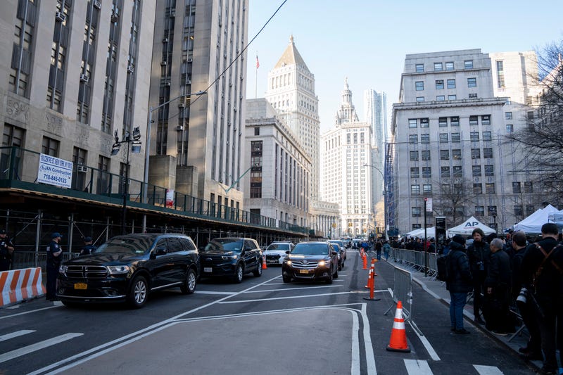 Police and media gather outside the Manhattan Criminal Courthouse on April 4, 2023