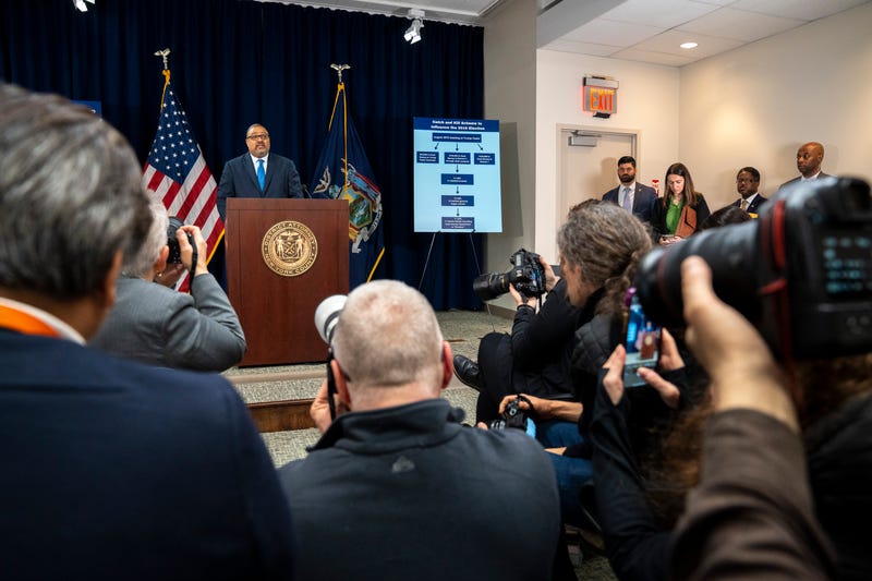 Manhattan District Attorney Alvin L. Bragg Jr. gives a press conference detailing the charges against former President Donald Trump.