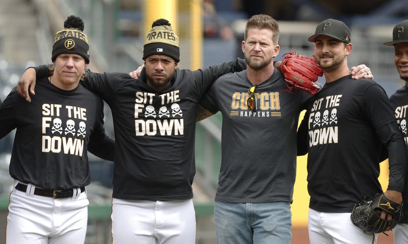 ; Pittsburgh Pirates relief pitchers Rob Zastryzny (left) and Duane Underwood Jr. (LC) and Chase De Jong (right) pose with Pirates former pitcher A.J. Burnett (RC)