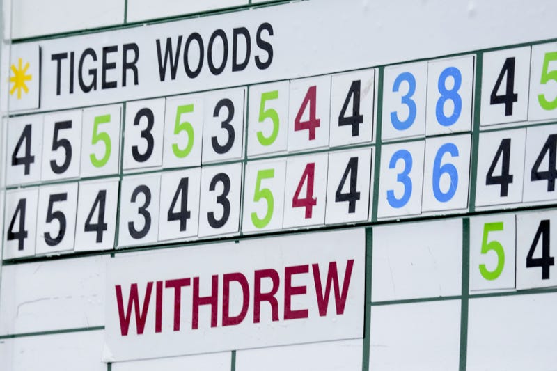 Apr 9, 2023; Augusta, Georgia, USA; The Masters scoreboard shows Tiger Woods withdrawn from competition during the third round of The Masters golf tournament.