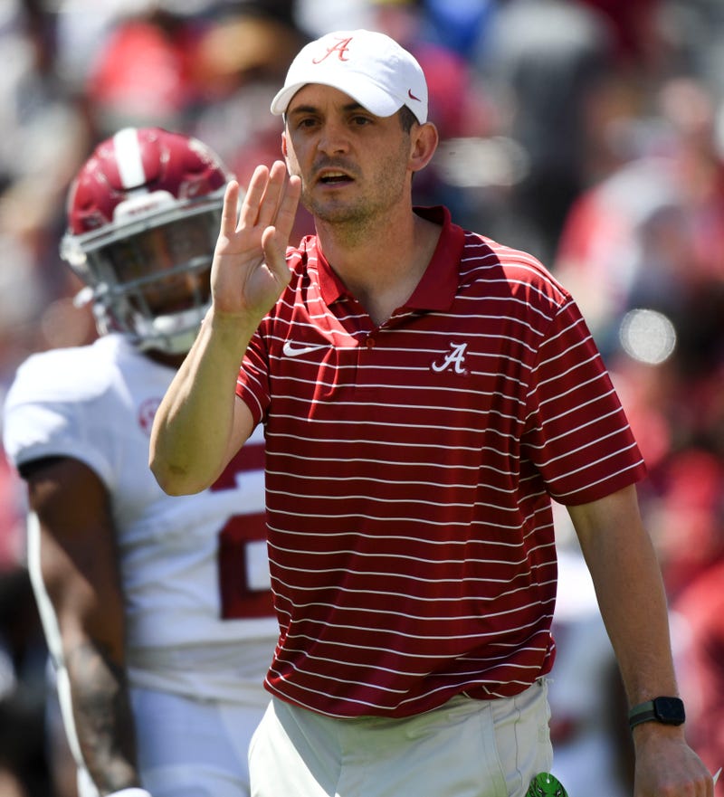 ;Alabama offensive coordinator Tommy Rees yells instructions during the A-Day game at Bryant-Denny Stadium